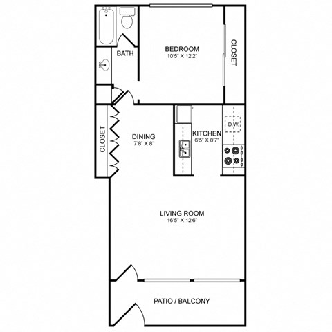 1 Bed 1 Bath Floor Plan at Sunset Square, West Covina